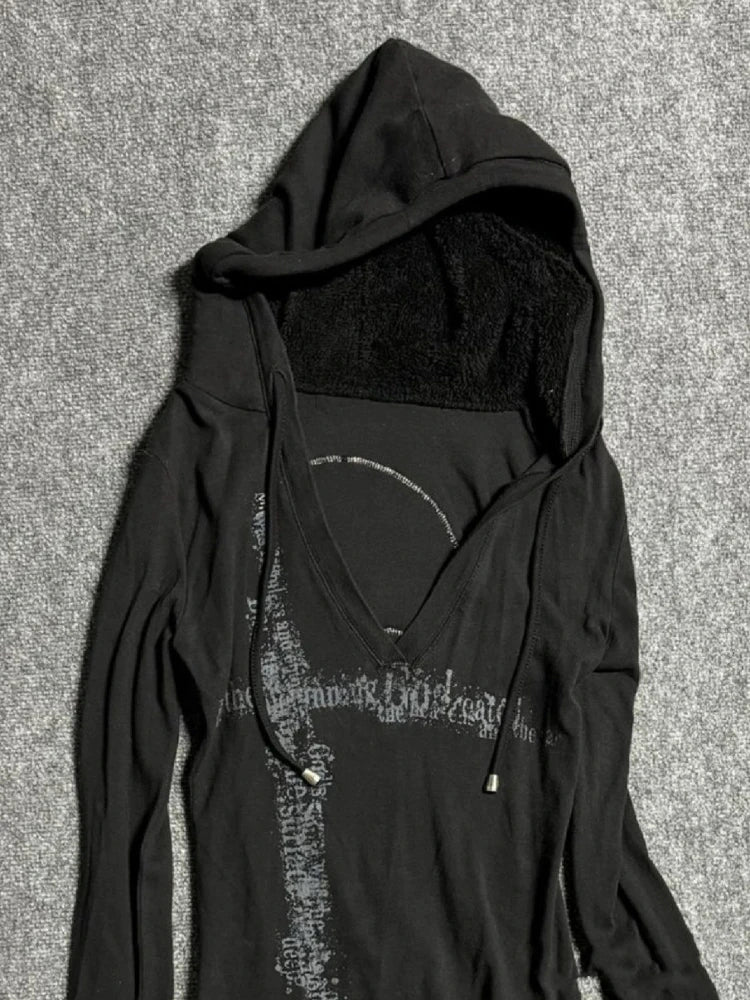 Aiertu  -  Y2k Aesthetic Fur Patchwork Long Sleeve T-shirt Women Gothic Punk Hooded Drawstring Tshirts Grunge Print Slim Fit Vintage Tees Aiertu