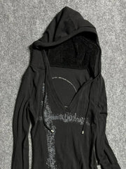 Aiertu  -  Y2k Aesthetic Fur Patchwork Long Sleeve T-shirt Women Gothic Punk Hooded Drawstring Tshirts Grunge Print Slim Fit Vintage Tees Aiertu