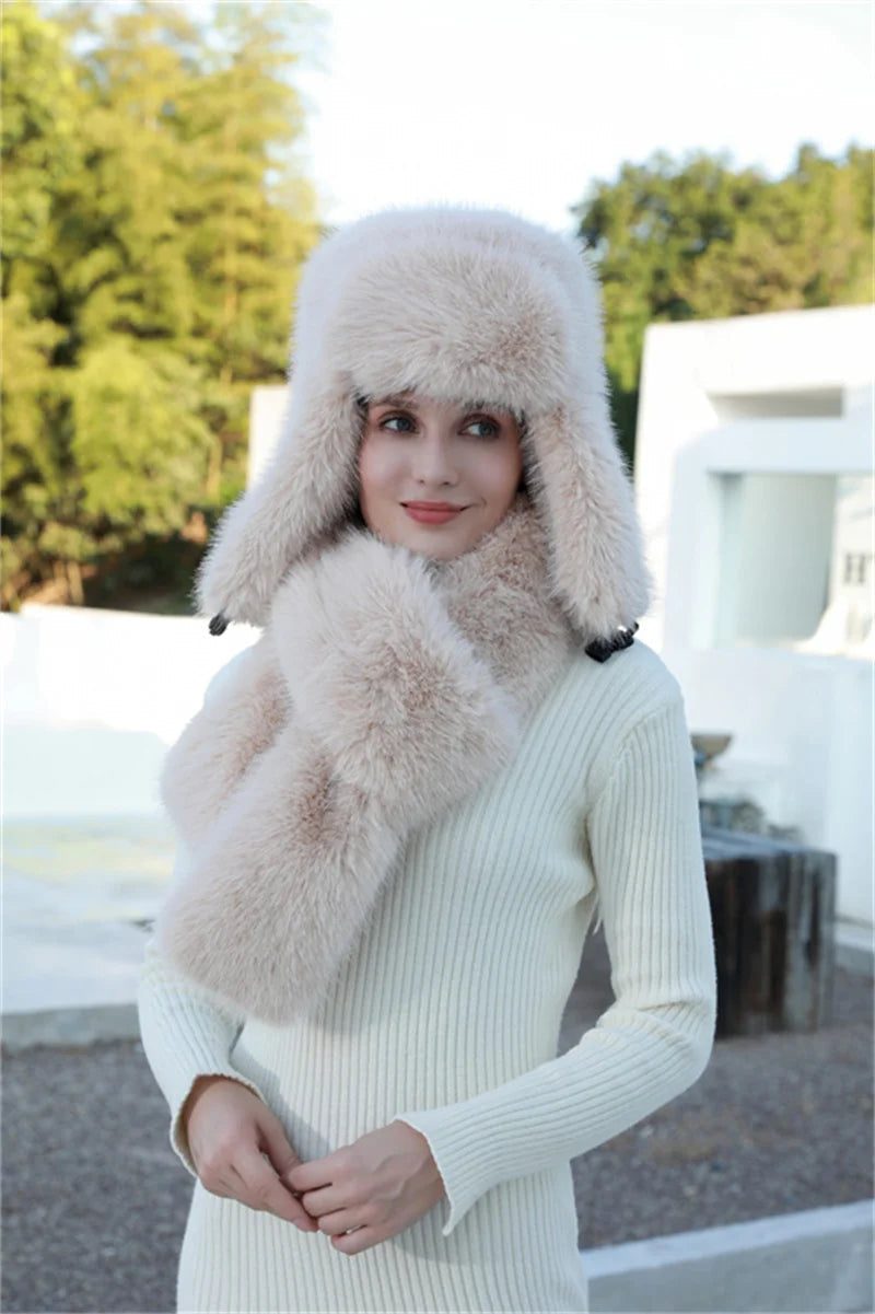 Aiertu  -  Hat Scarf Set Winter Warm Earmuffs Hat Girl Hat Natural Fluffy Plush Hat Leather Hat  Шапка Женская Aiertu