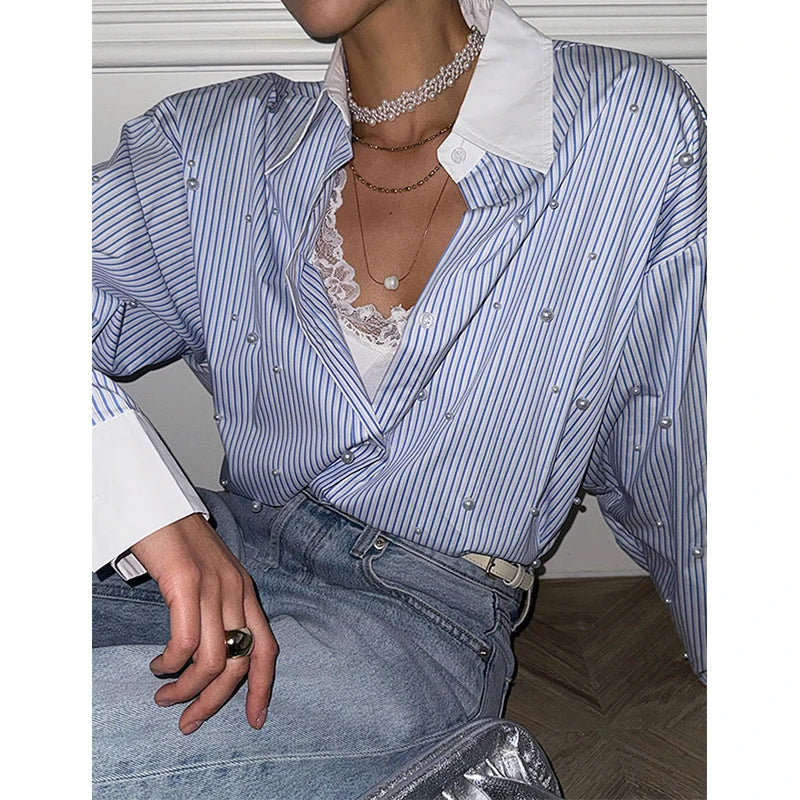 Aiertu  -  Elegant Striped Shirts Women Fashion Beading Patchwork Blouses Office Ladies Korean Oversize Long Sleeve Design Tops New Aiertu