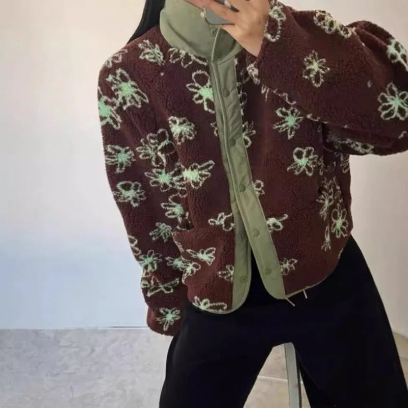 Aiertu  -  Sweet Flower Pattern Double-Sided Wear Outerwear Korean Series Faux Lamb Wool Jacket Women Winter Clothing Loose Warm Thick Coat Aiertu