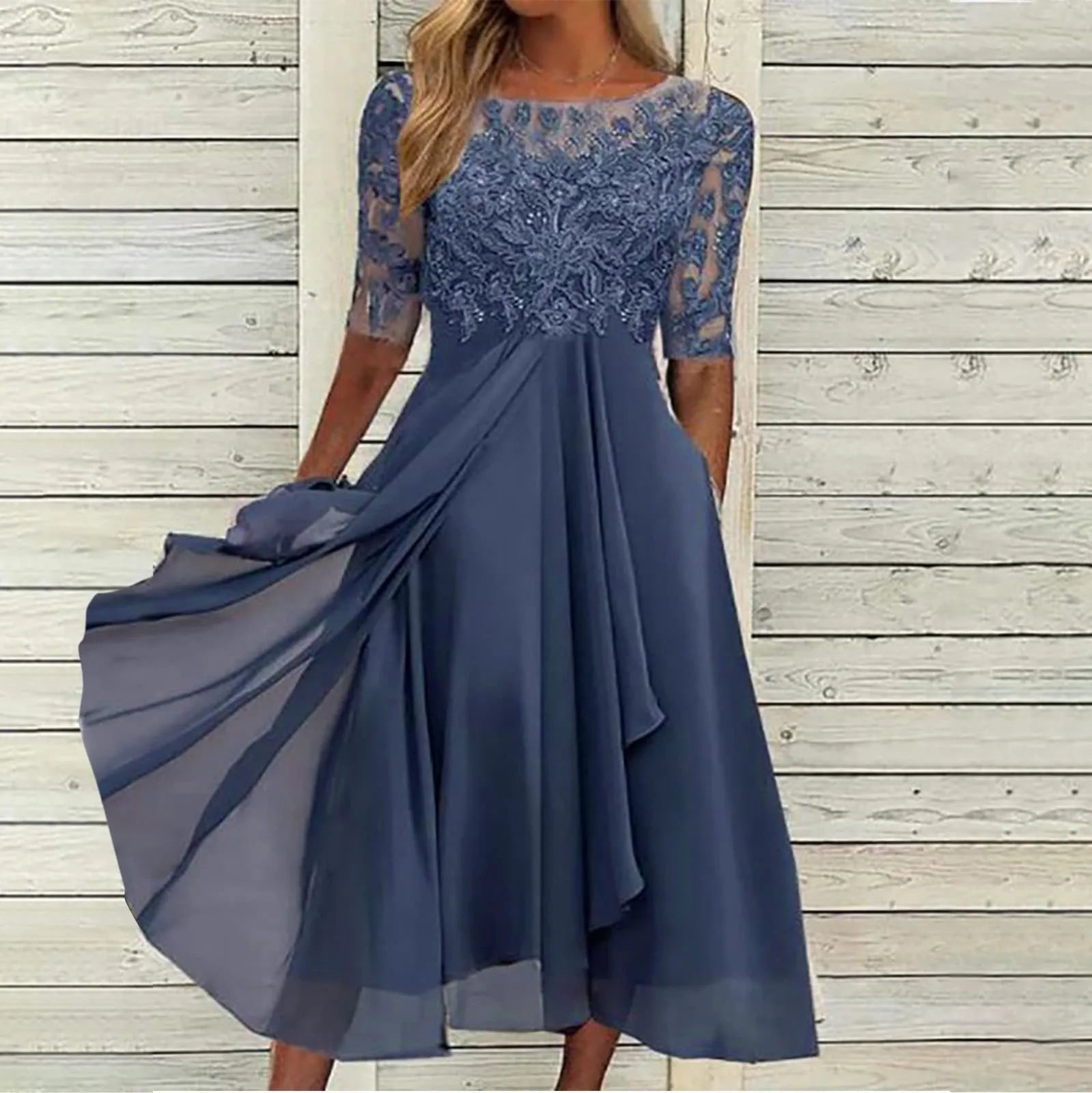 Aiertu  -  Dresses For Women Elegant Lace Chiffon Flowy Dress Evening Party Gown Half Sleeve Lace Chiffon Dress Vestidos En Oferta Liquidac Aiertu