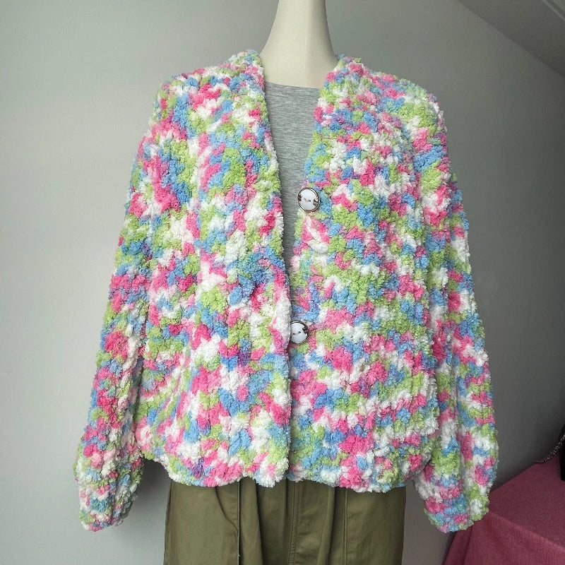 Aiertu  -  Chunky Needle Stick Hand Knit Cardigan Jacket Multi Color Soft Sweater Button Jumper Autumn/Winter Women Knitwear Outerwear Aiertu
