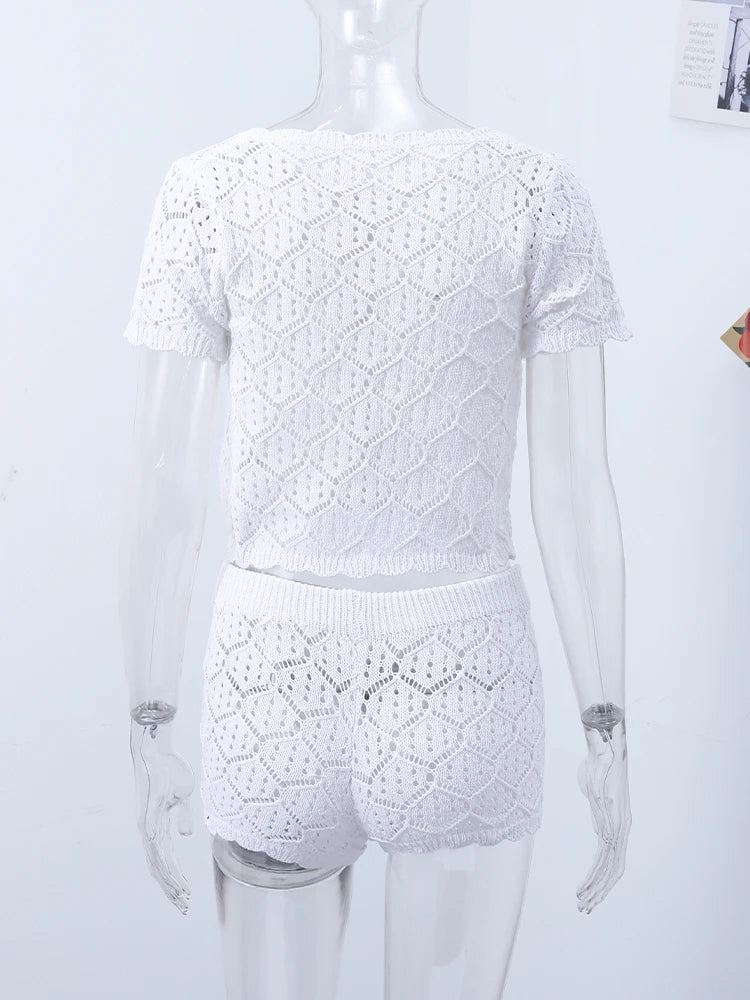 Aiertu  -  Sexy Knit Beach Outfits Women Slim O Neck Short Sleeves Hollow Out Top Sets Female 2026 Spring Summer New Holiday Set 2 Pieces Aiertu