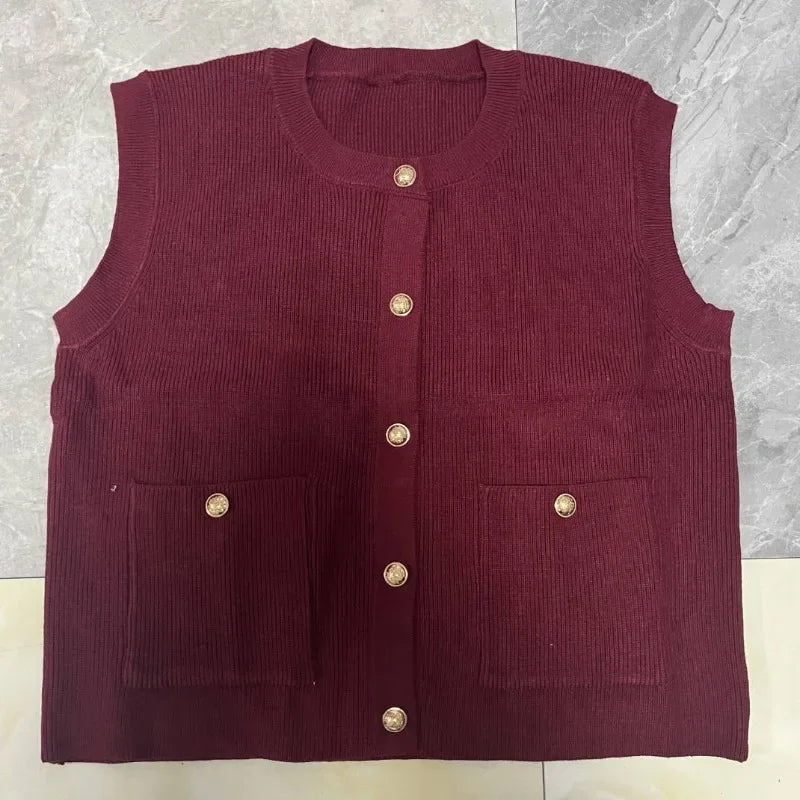 Aiertu  -  Trendix Vintage Knit Cardigan Vest Women Winter Fashion Sleeveless Button Pocket Tank Top Femme Solid Casual Knitwear Streetwear Aiertu