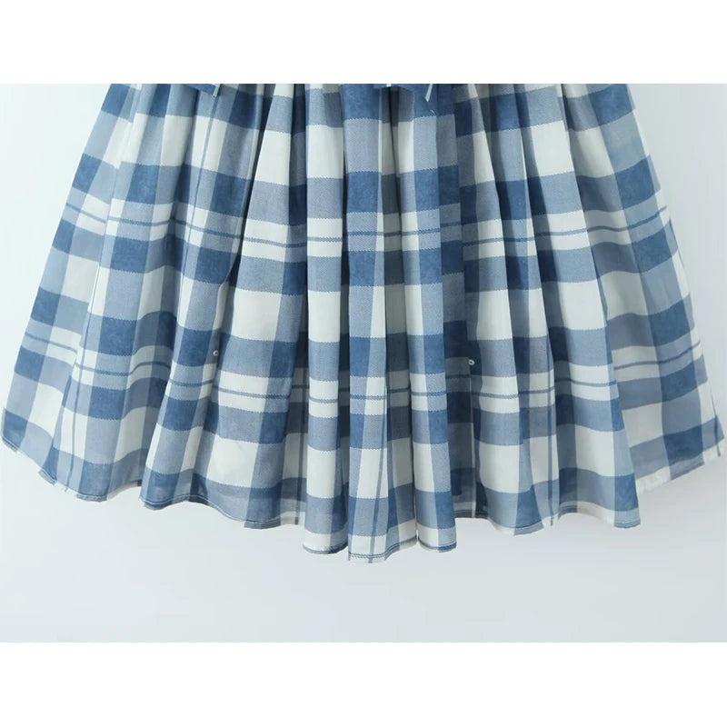 Aiertu  -  Women Bow Plaid  Ball Gown Mini Dress Vintage Puff Sleeve Square Neck Elegant Summer Dresses Party Robe Aiertu