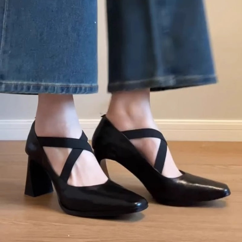 Aiertu  Shoes Sexy Heels Sandals Ladies Square Toe Genuine Leather Retro Pumps Slip On Shallow Mouth Mary Jane Crossdressers Sheepskin A Aiertu