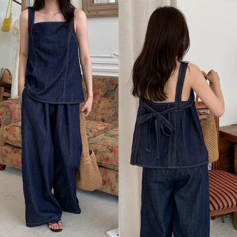 Aiertu  -  Sweet Hot Girl Denim Suit Women's Summer Bow Back Sleeveless Shirt Elastic Waist Wide Leg Pants Two-piece Set Female Clothes Aiertu