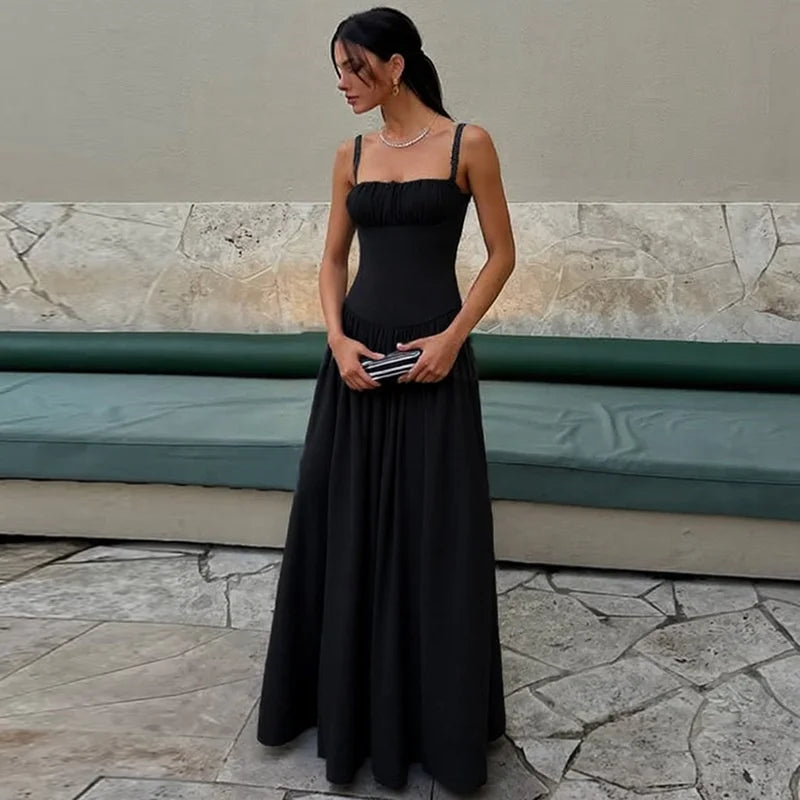 Aiertu  -  Ruched Spaghetti Strap Sexy Maxi Dress For Women Patchwork High-Waist Solid Elegant Sleeveless Slim Club Party Dress Aiertu