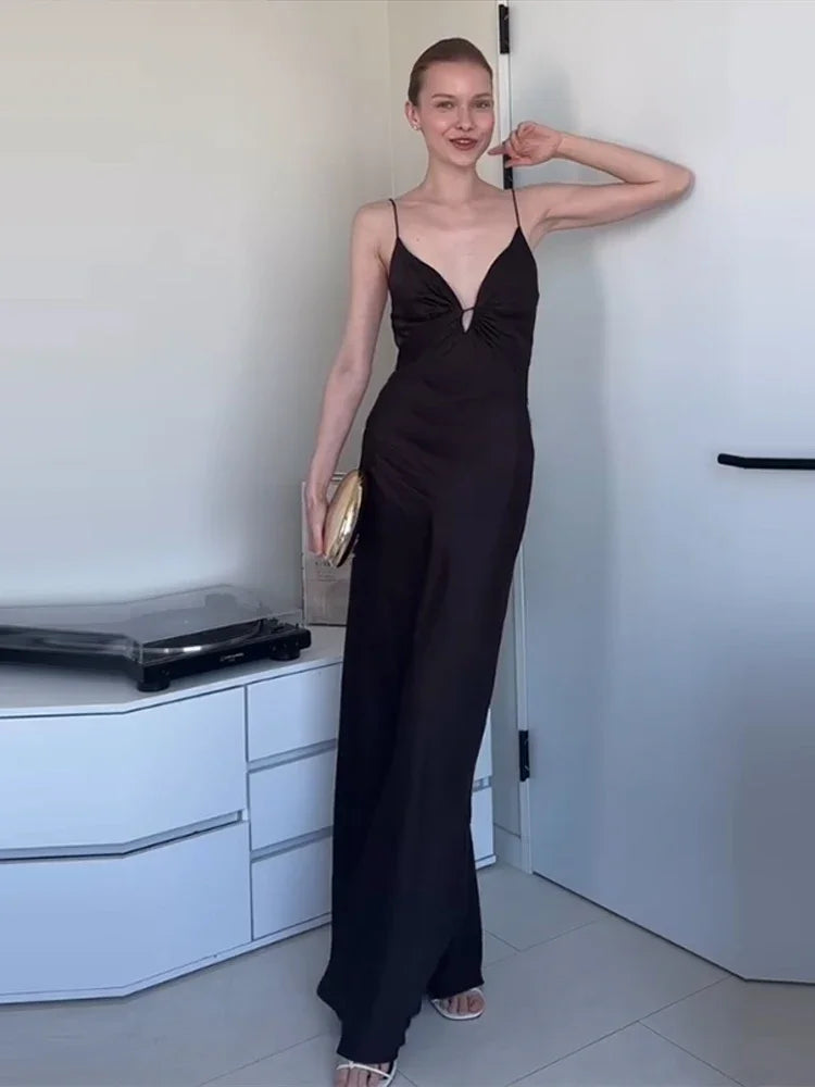 Aiertu  -  Deep V-neck Spaghetti Strap Midi Dress Women Sleeveless Backless Chic Zipper Lace Up Evening Dresses 2025 Summer Satin Robe Aiertu