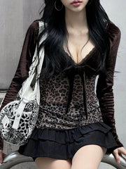 Aiertu - summer inspo Y2k Retro Leopard Lace Trim V-Neck Blouses Women Velvet Long Sleeve Chic T-Shirt Trendy Clothes Autumn New Aiertu