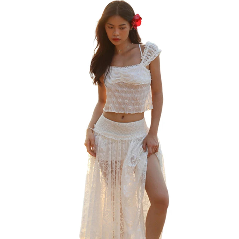 Aiertu  -  Patchwork 2-Piece Set Jacquard Women Lace Bandage Mini t-Shirt+High Slits Skinny Skirt Elasticated Waist Matching Suits Aiertu