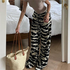 Aiertu  -  -Y2K Pants Women Zebra Print Knit Wide Leg Pants Streetwear Drawstring Elastic Straight Trousers Casual All Match Chic Outfits Aiertu