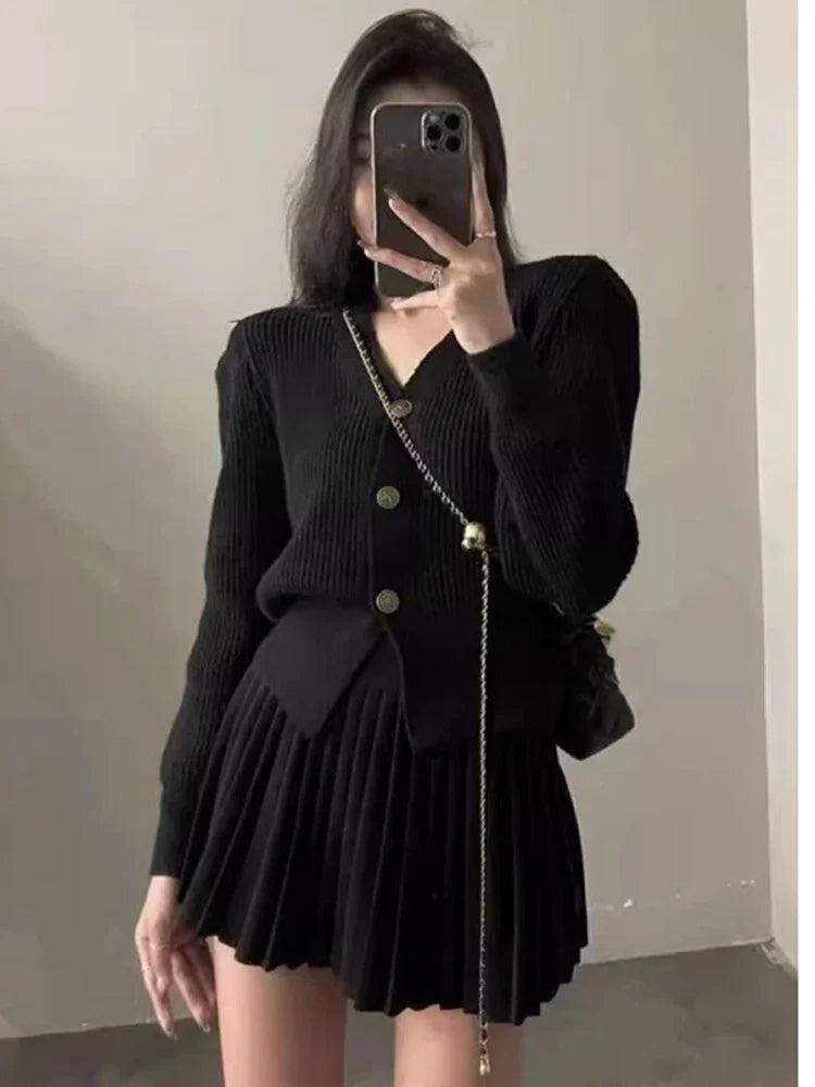 Aiertu      -  Retro Knitted Long Sleeve Sweater High-Waisted Pleated Skirt Two Piece Set For Women Niche Solid Matching Sets Autumn New Aiertu