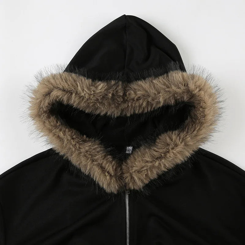 Aiertu  -  Black Hoodies Womens 2000s Clothes Y2k Hooded Sweatshirts With Fur Streetwear Zip Up Cropped Jacket Grunge Corest Top Aiertu