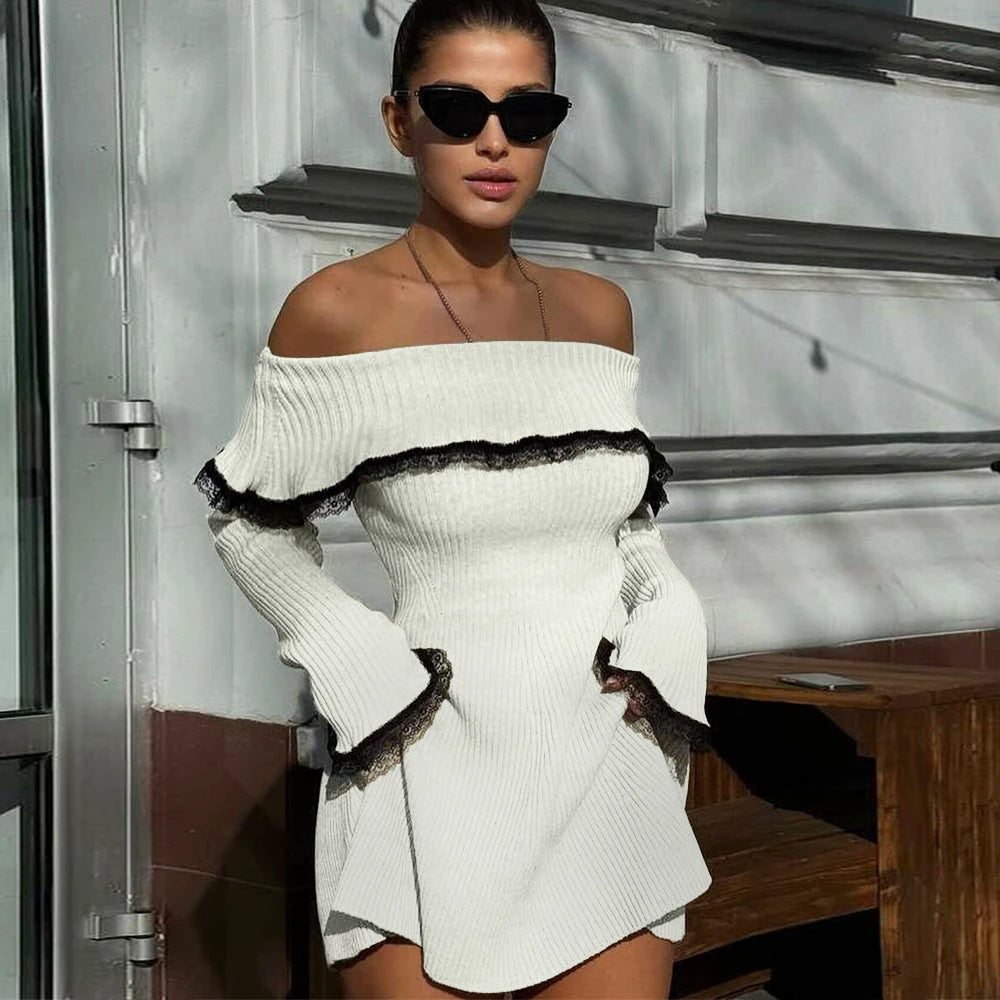Aiertu  -  Autumn Off The Shoulder Sweater Dress 2026 Elegant Long Sleeve Knitted Dress Sexy Causal Warm White Dress Women Aiertu