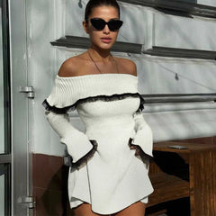 Aiertu  -  Autumn Off The Shoulder Sweater Dress 2026 Elegant Long Sleeve Knitted Dress Sexy Causal Warm White Dress Women Aiertu