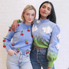 Aiertu  -  hand-made cherry sweater women vintage crochet blue pullovers autumn winter streetwear casual oversized sweater 2026 Aiertu