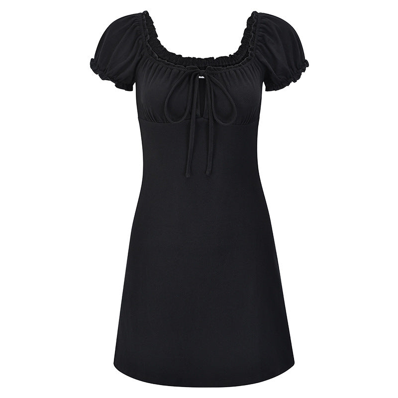 Aiertu - Tie Front Puff Sleeve Black Mini Dress Aiertu