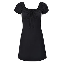 Aiertu - Tie Front Puff Sleeve Black Mini Dress Aiertu