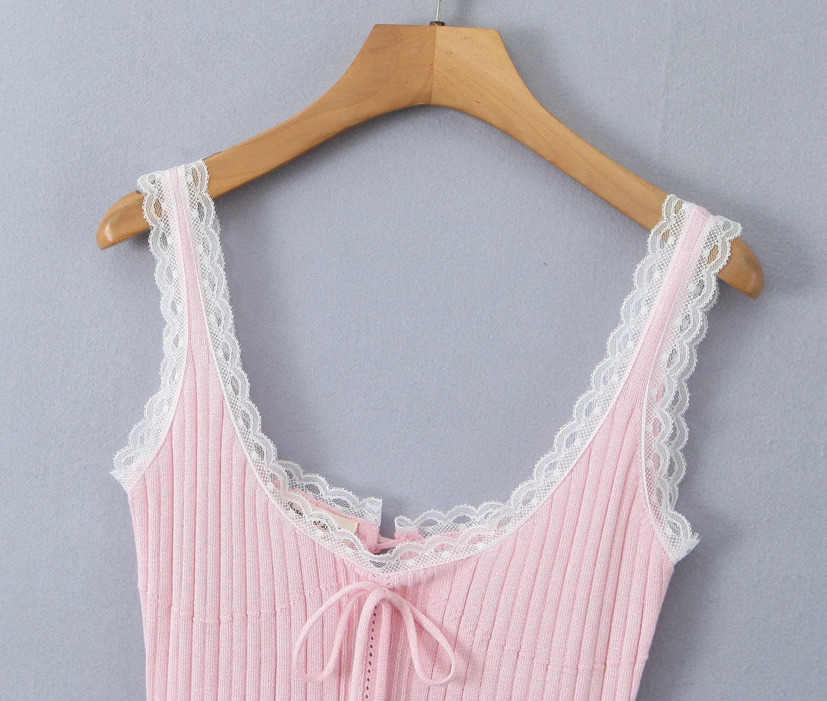 Aiertu  -  New Pink White Lace Patchwork Short Dress For Women's Clothing Ruffle Square Collar Vacation Beach Summer Knit Slip Dress Aiertu