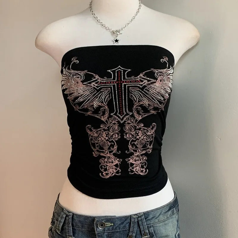 Aiertu  -  Y2K dark personality pattern printed tube top female niche hot girl outside wearing backless slim jacket Aiertu