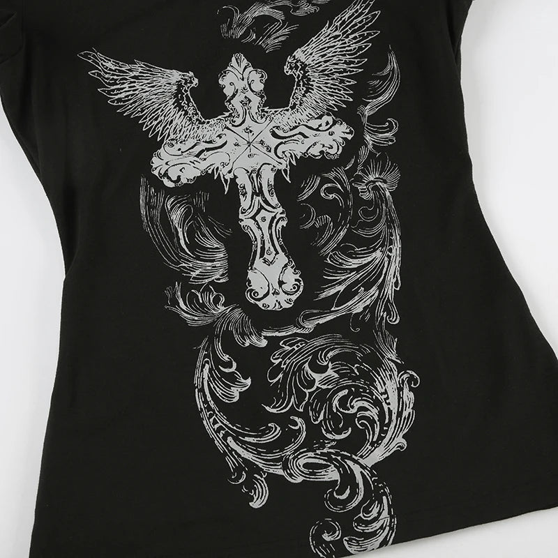 Aiertu  -  Gothic Print Black Short Sleeve T-shirt Women Chic Hollow Out Backless O-neck Tee Shirts Summer Streetwear y2k T Shirts Aiertu