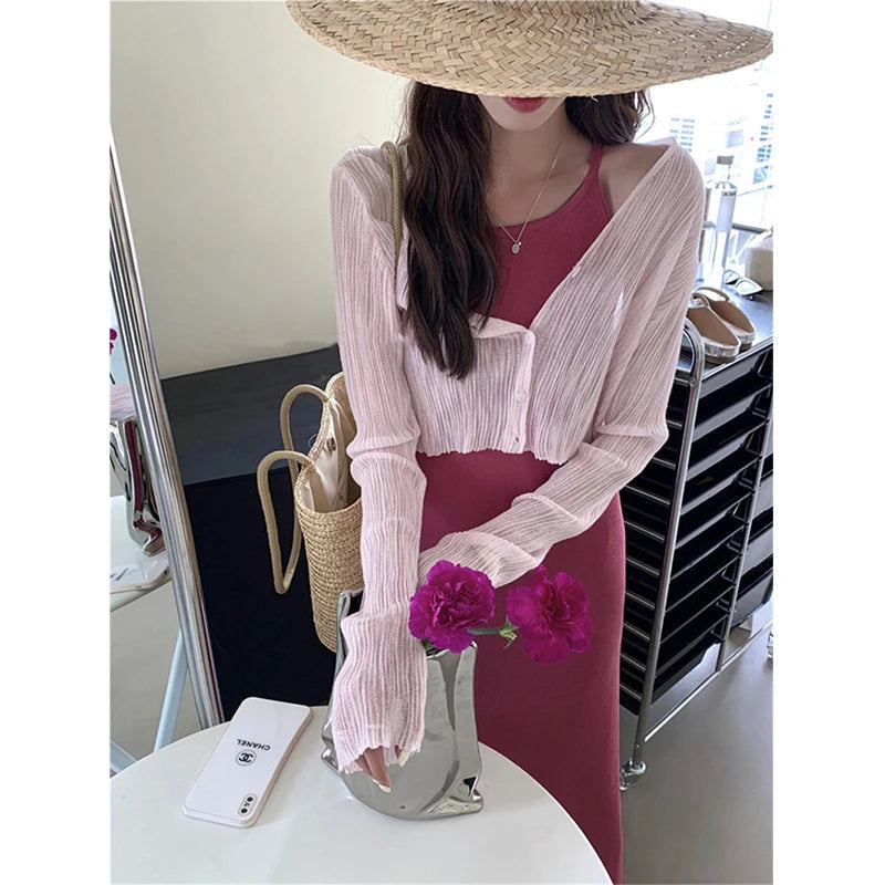 Aiertu Women Cropped Sun Proof Shirts White V Neck Long Sleeve Blouses Summer Korean Fashion Black Sun Protection Cardigan Tops Aiertu