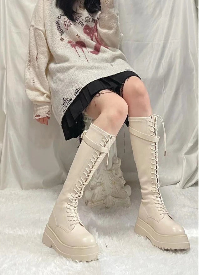 Aiertu    -  Footwear Lace-up Shoes For Woman Platform Women's Boots With Laces White Long Winter Knee High Shaft Sale Hot Stylish Goth Aiertu