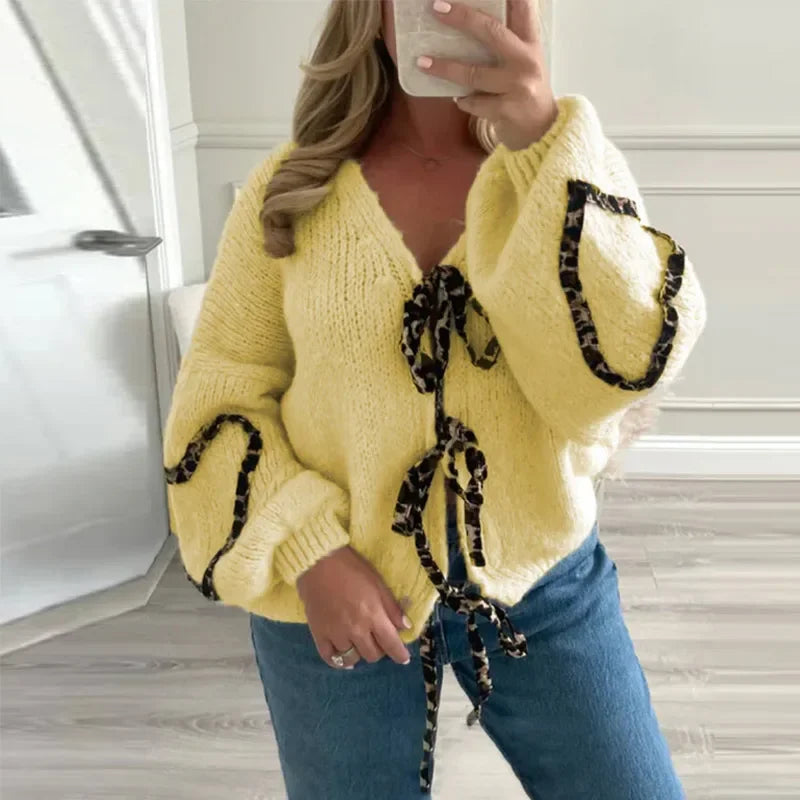 Aiertu     -  Fall Outfits 2026 Leopard Lace Up Cardigans Women Loose Long Lantern Sleeve V-neck Heart Print Patchwork Sweater 2026 Autumn Solid Female Knitwear Aiertu