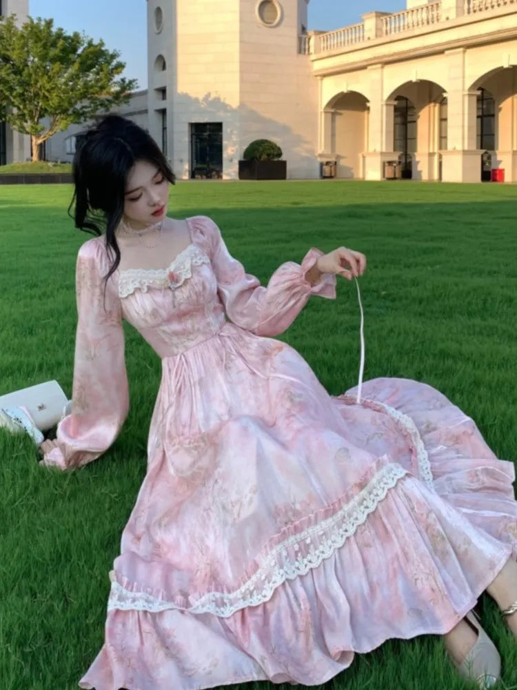 Aiertu  -  Elegant Sweet Pink Print Midi Dresses for Women Flower Square Collar Lantern Sleeve Lace Patchwork Long Dress Autumn Party Robe Aiertu