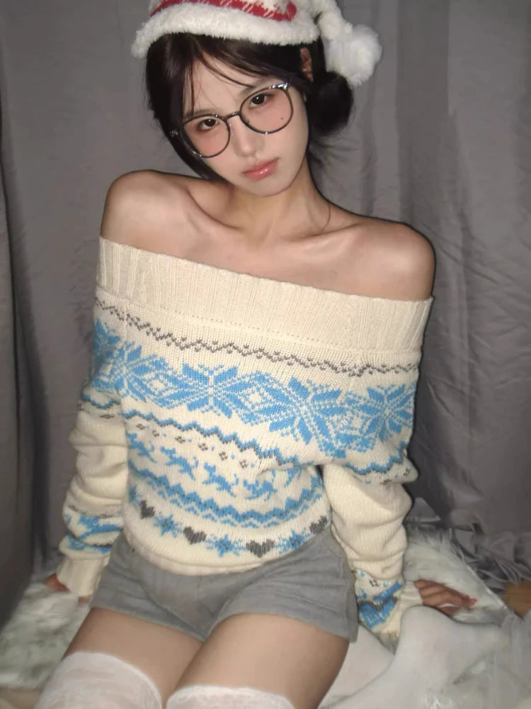 Aiertu  -  Streetwear Y2k Aesthetic Jacquard Sweater Gothc Women Slash Neck Vintage Loose Jumper Harajuku Loose Knitwear Grunge Pullover Aiertu
