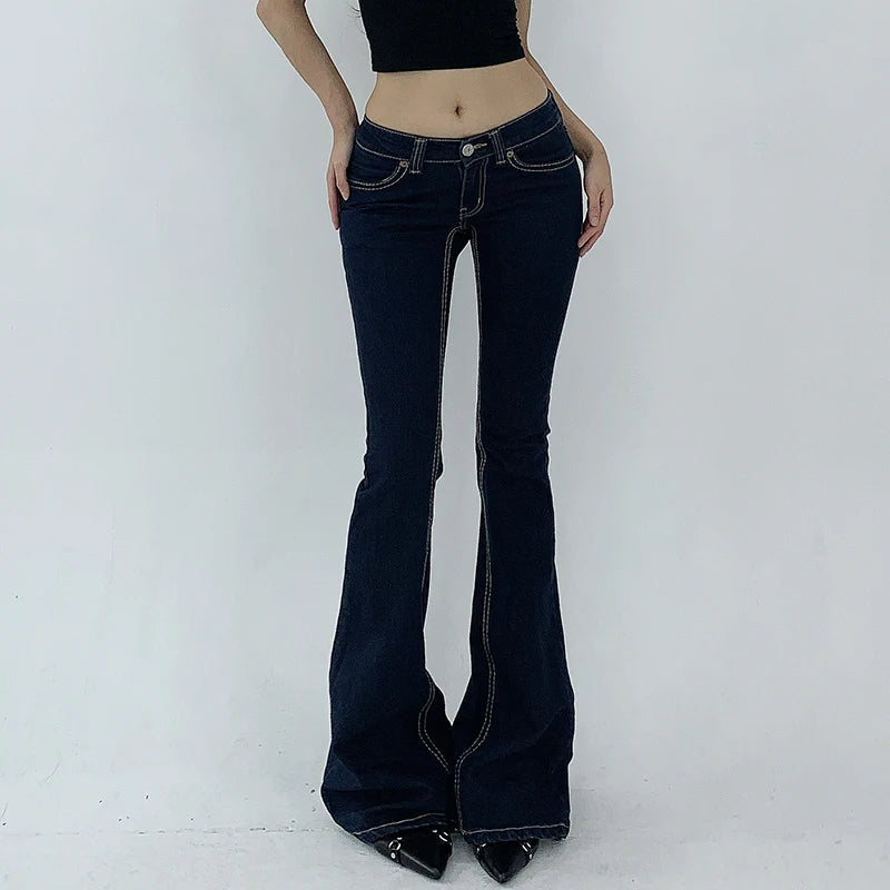 Aiertu  -  Vintage Dark Blue Y2K Flare Jeans Women Low Rise Skinny Denim Trousers Fashion Basic Boot Cut Pants Retro High Street Aiertu