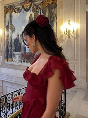Aiertu  -  New Red Layered Ruffles High Waist Maxi Dress Women Elegant Square Neck Sleeveless Back Hollow Robes 2026 Chic Lady Party Gowns Aiertu