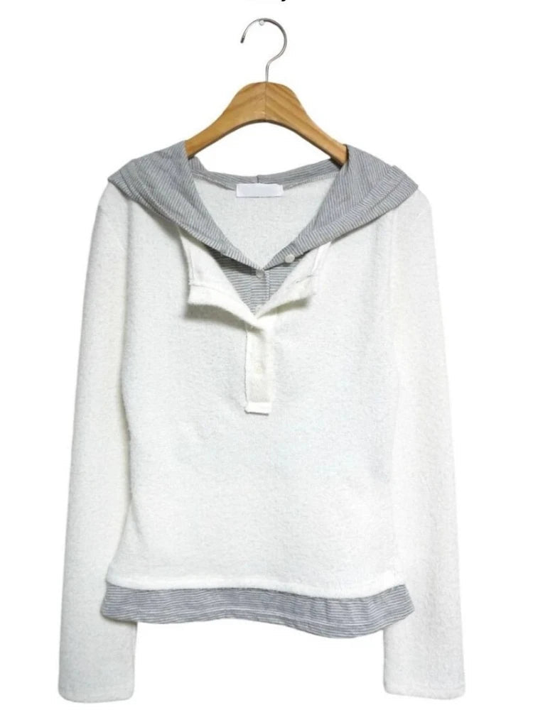 Aiertu  -  Korean Fake Two Pieces Patchwork Stripe T-Shirts Women Y2k Aesthetic Grunge Hooded Tops Vintage Button Casual Slim T-shirt 2025 Aiertu
