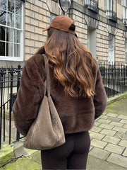 Aiertu  -  Autumn Women Turndown Collar Faux Fur Casual Jacket Fashion Long Sleeve Warm Cropped Female Coat New Lady Chic Streetwear Aiertu