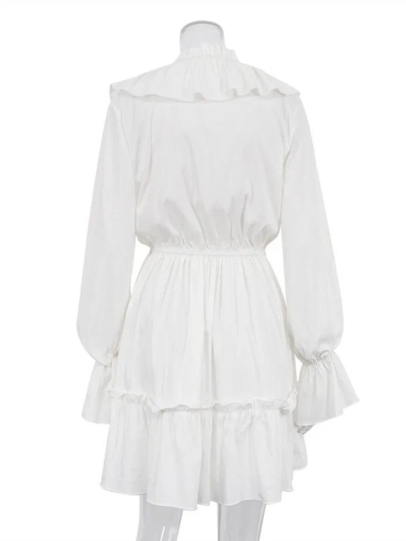 Aiertu  -  2026 Fashion V-neck Ruffles White Short Dress Streetwear Woman Autumn High Waist Bandage Tunics A-line Party Dresses Female Aiertu