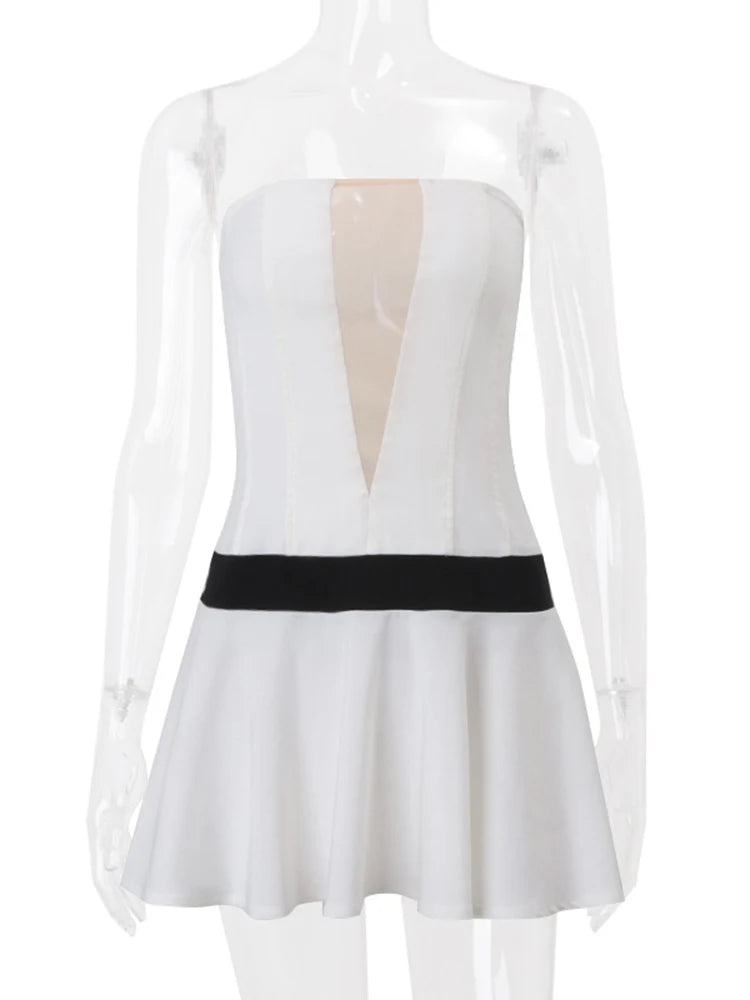 Aiertu  -  Fall Fashion Sexy Tube Top Slim Dress Female Fish Bones Contrast Color Splice Folds Mini Dress Sleeveless Party Outfits Aiertu