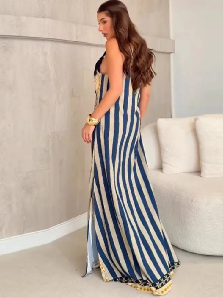 Aiertu  -  Fashion Knitted Star Suspender Maxi Dress For Women Floral Stripe Printed Sling Beach Long Dress Female Chic Vacation Beach Robe Aiertu