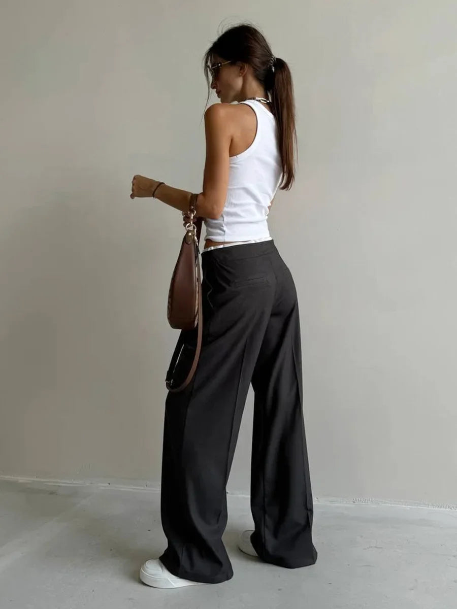 Aiertu  -  Women's Spring New Fake Two Piece Lace Up Loose Casual Pants Fashion Straight Leg Pants Female Retro Commuter Suit Pants Aiertu