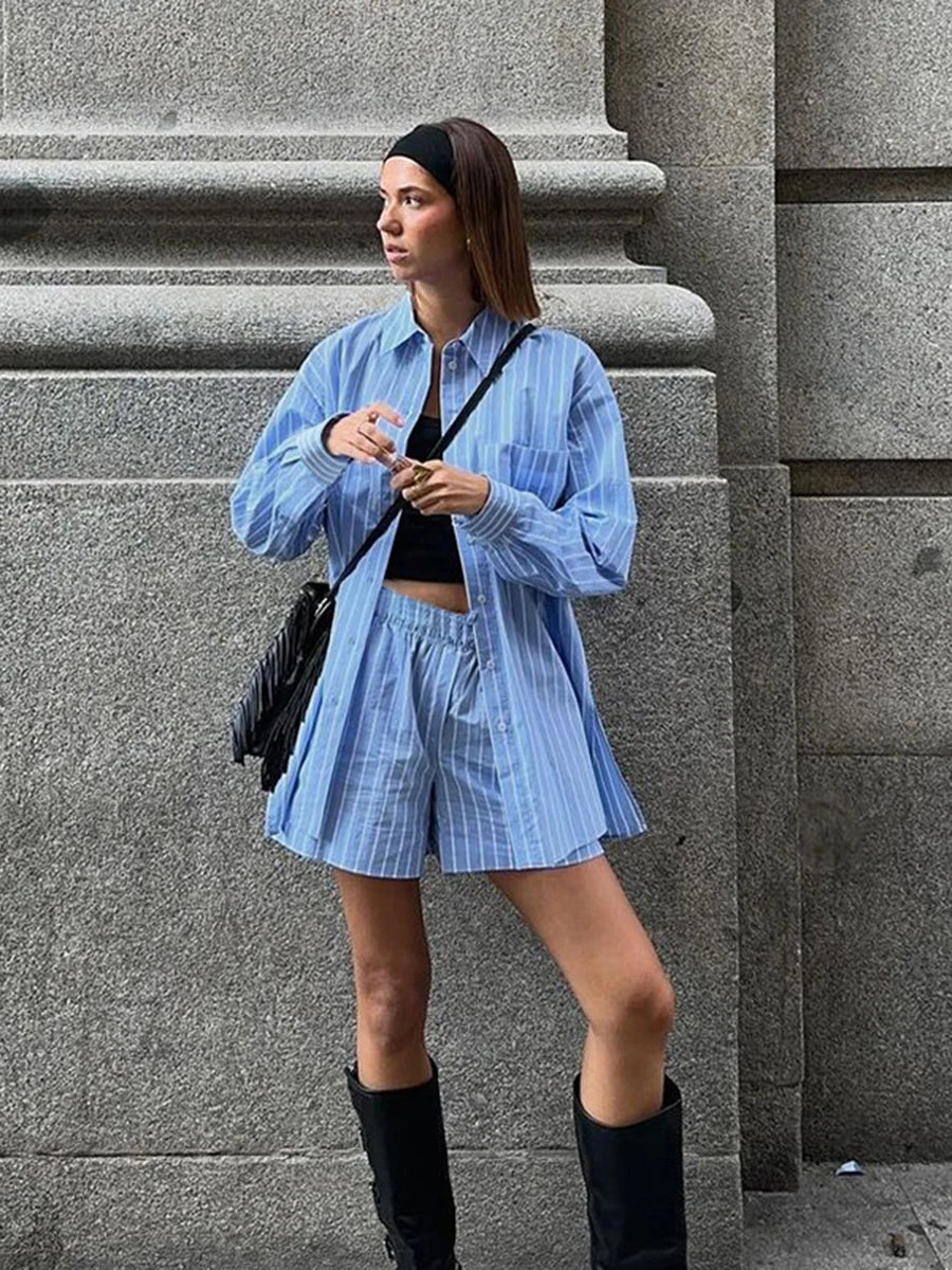 Aiertu  -  Blue Pocket Striped Shorts Sets Women Single Breasted Long Sleeve Blouse+Elastic Waist Casual Short Pant 2 Piece Set 2025 Spring Aiertu