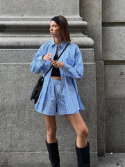 Aiertu  -  Blue Pocket Striped Shorts Sets Women Single Breasted Long Sleeve Blouse+Elastic Waist Casual Short Pant 2 Piece Set 2025 Spring Aiertu