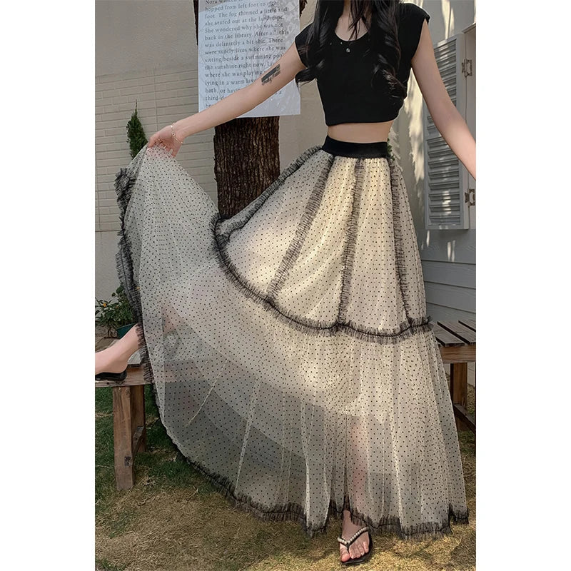 Aiertu  -  Elegant Tulle Midi Skirt Women Vintage Polka Dots Mesh Skirts Summer Ladies Korean Lace Print Patchwork A Line Faldas New Aiertu