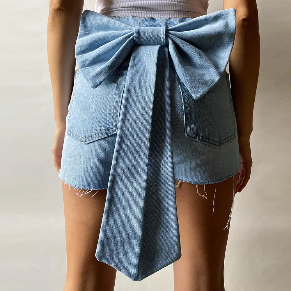 Aiertu  -  layered look inspo Women Zipper Fly Back Bow Front Button A-line Jeans Shorts Summer INS Street Casual Denim Blue Denim Shorts Aiertu