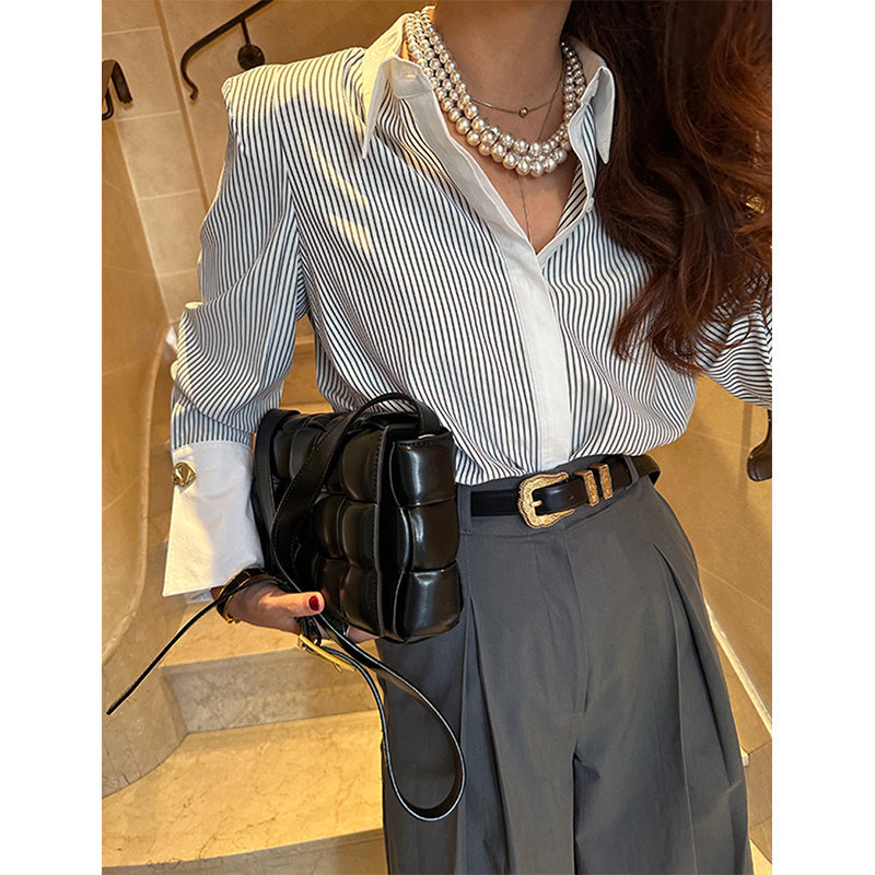 Aiertu Elegant Striped Shirts Women Korean Patchwork Long Sleeve Blouses Office Ladies Fashion Black Pink Casual All Match Tops Aiertu