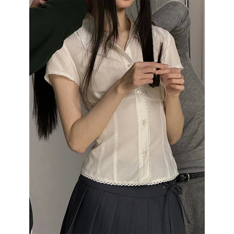 Aiertu Y2K White Shirts Women Harajuku Jk Lace Short Sleeve Blouses Summer Preppy Kawaii Korean Fashion Basic Slim Chic Tops New Aiertu