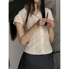 Aiertu Y2K White Shirts Women Harajuku Jk Lace Short Sleeve Blouses Summer Preppy Kawaii Korean Fashion Basic Slim Chic Tops New Aiertu
