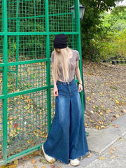 Aiertu  -  Denim Elephant Wide Leg Pants Women High Waist Solid Distressed Pleated Frayed Casual Baggy Jeans Vintage Streetwear Aiertu