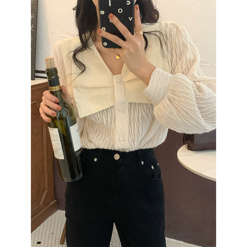 Aiertu Vintage Folds Shirts Women Elegant Patchwork Lantern Long Sleeve Blouses Korean Single Breasted Design Chic Casual Tops Aiertu