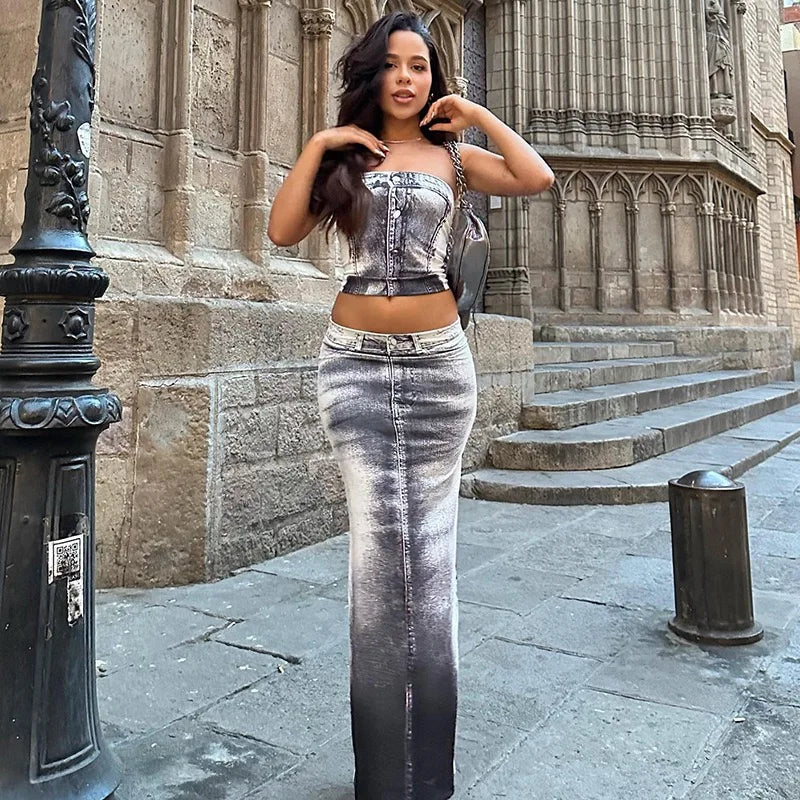Aiertu  -  Strapless Slim Fit Crop Top, Fashion Camisole, Hip Split Maxi Skirt, Sexy Two Piece Set, Backless Streetwear, Gray Aiertu